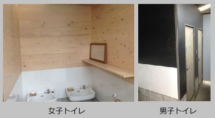 弊社工場内トイレ改修工事に国産ひのき合板「多目的パネル」を採用。